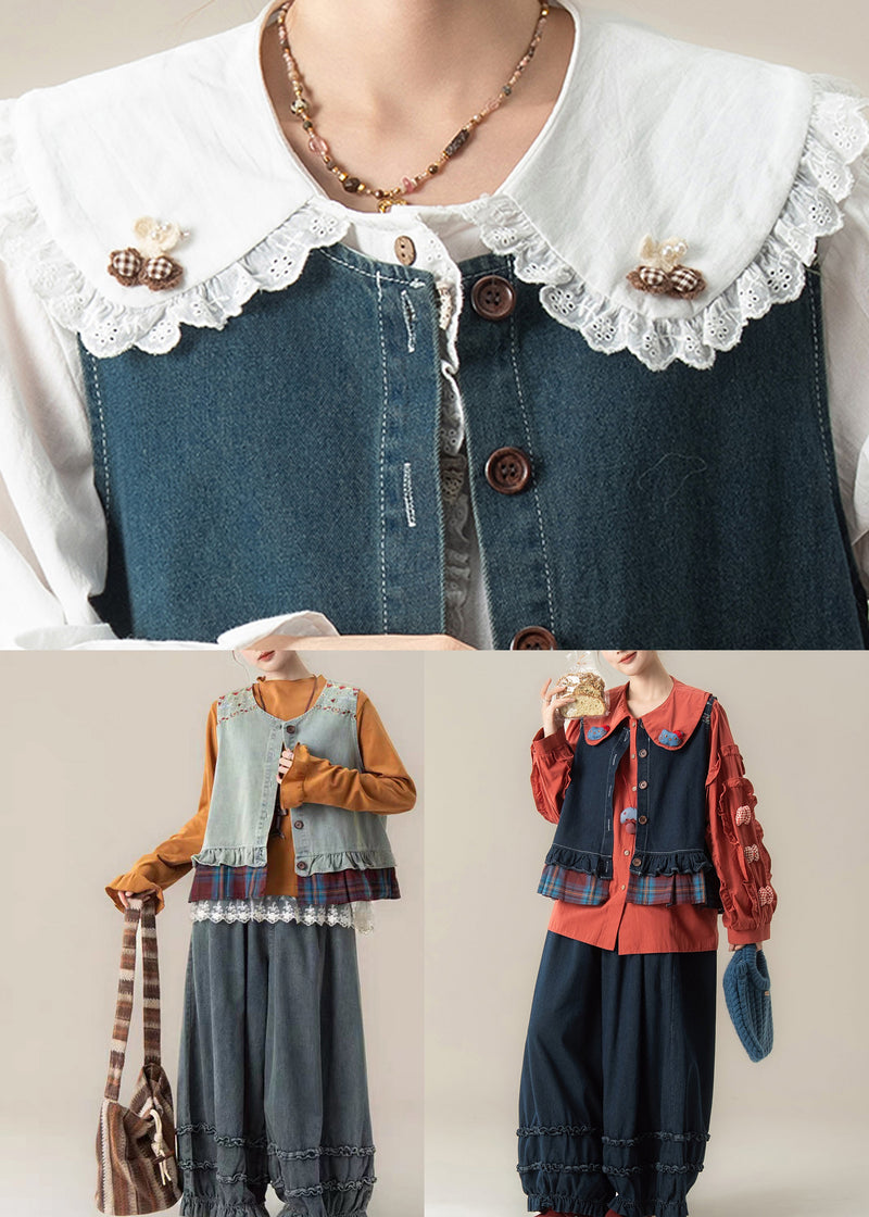 Light Blue O-neck Waistcoat ,top and Jeansthree Pieces Set Sleeveless