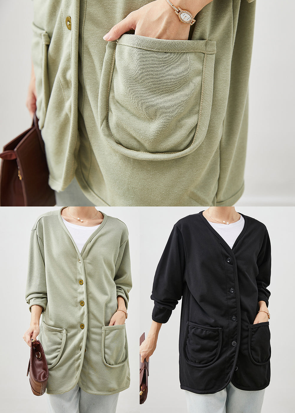 Black V Neck Pockets Cotton Coats Spring