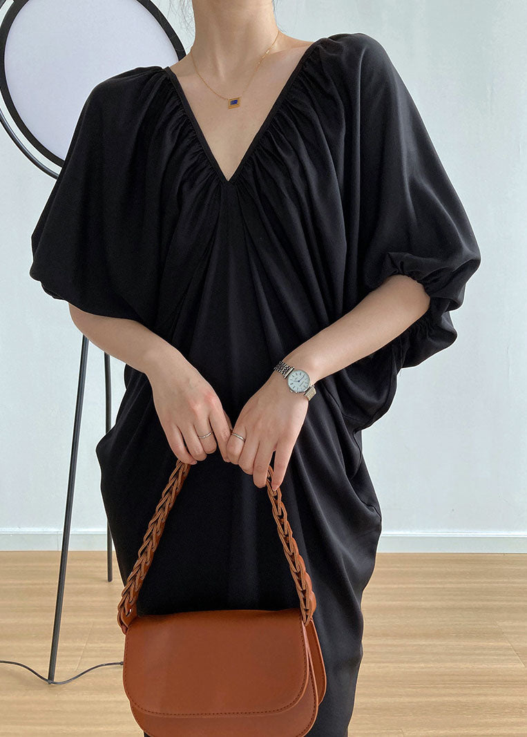 Black V Neck Cold Shoulder Wrinkled Cotton Holiday Dress Summer