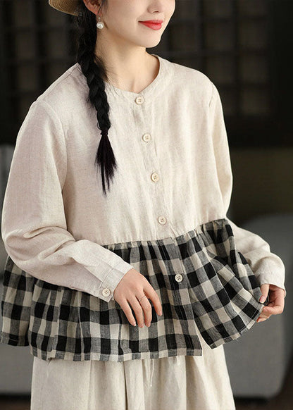 Navy O Neck Plaid Patchwork Linen Top Long Sleeve