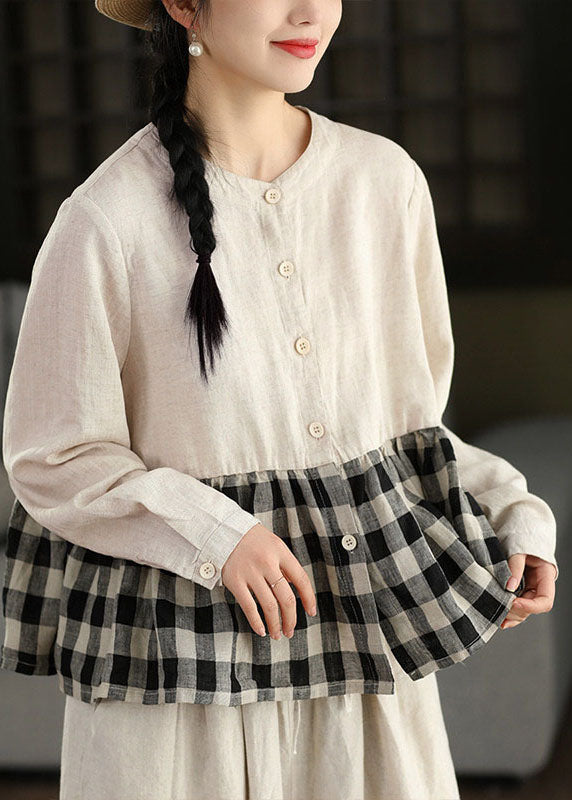 Navy O Neck Plaid Patchwork Linen Top Long Sleeve