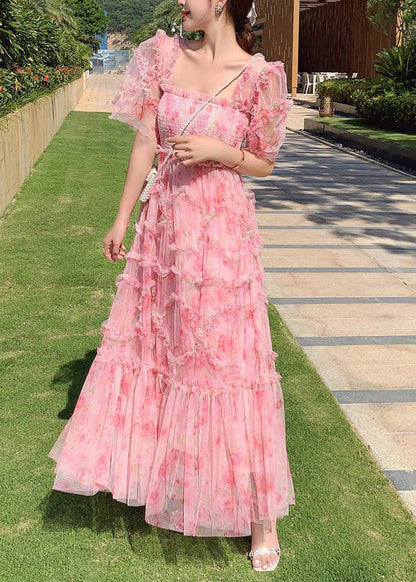 Pink Ruffled Patchwork Print Tulle Holiday Dress Summer