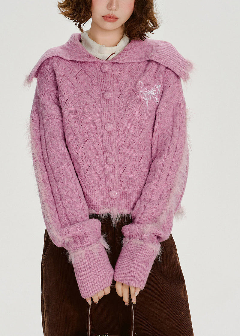 Rose Sailor Collar Patchwork Faux Fur Knit Cardigan Winter