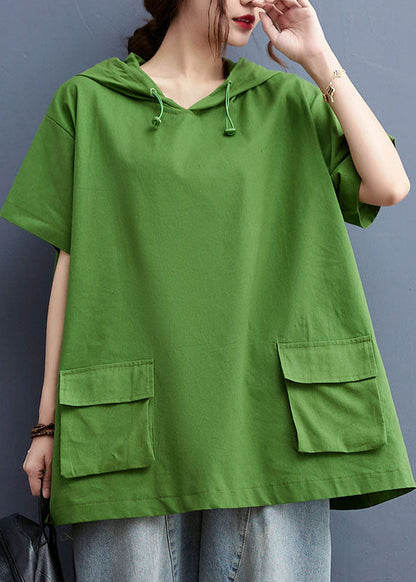 Stylish Green Drawstring Hooded Pockets Cotton Loose Sweatshirt Tops Short Sleeve