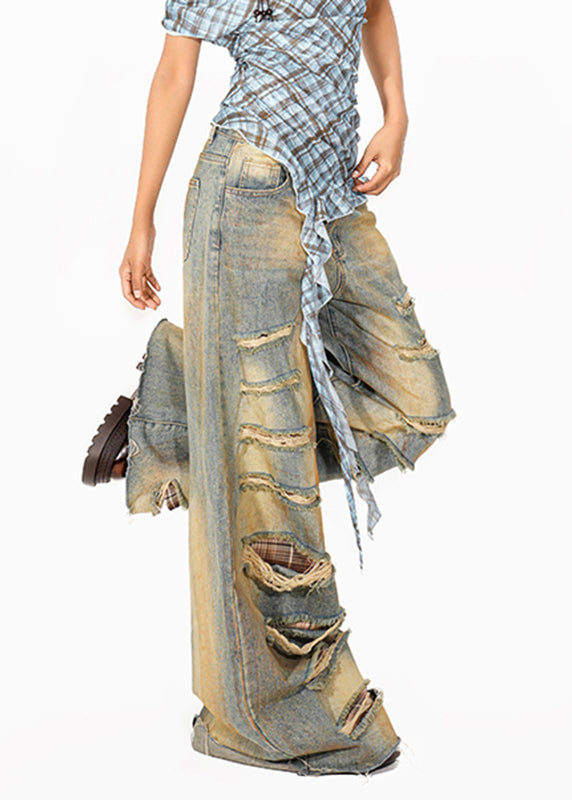 Blue High Waist Pockets Patchwork Wide Leg Jeans
