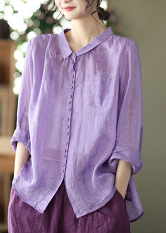 Purple Peter Pan Collar Button Linen Shirt Long Sleeve