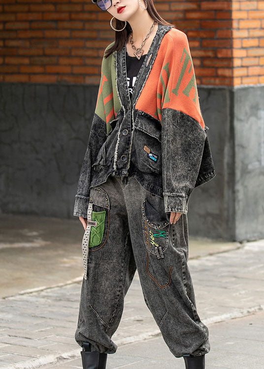 Denim Bat Wing Sleeve Patchwork Knit Button Pockets Fall Coat