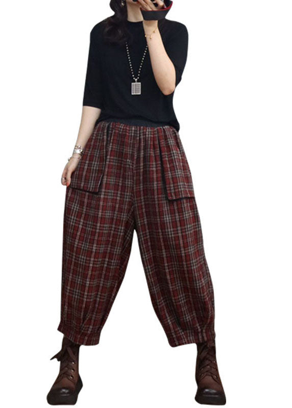 Fitted Red Plaid Pockets Lantern Pants Winter