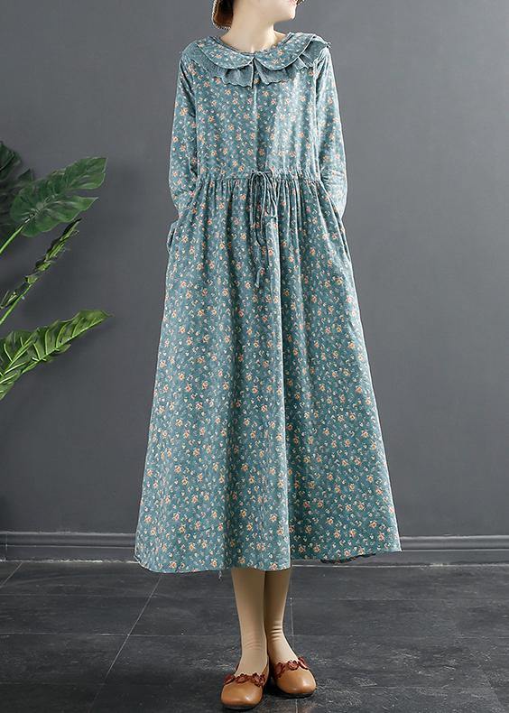 Peter Pan Collar Dresses Tops Blue Print Robe Dresses