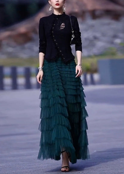 French O-neck Button Top and Tulle Pleated Skirt Two Piece Set Spring