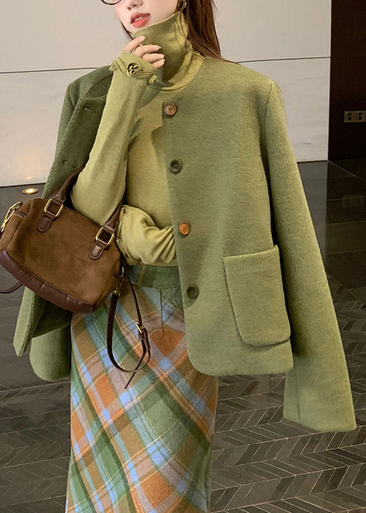 Green Pockets Woolen Coats ,top and Long Dress Three Piece Set Long Sleeve