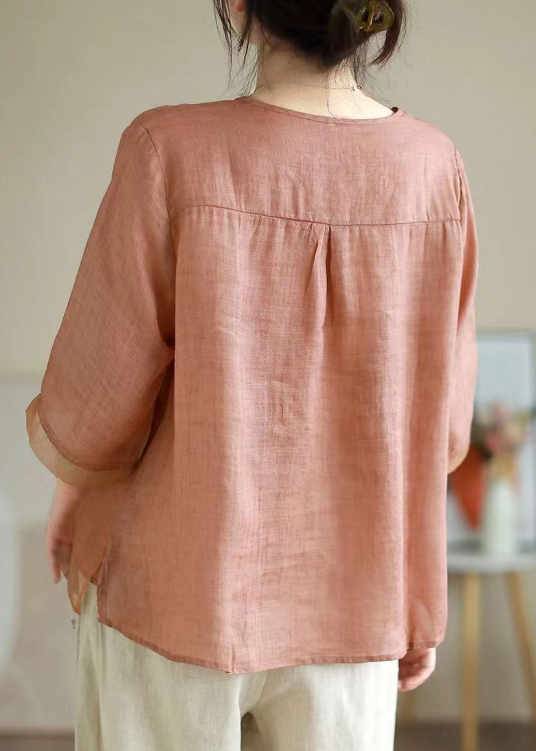 Orange V Neck Embroidered Organza Patchwork Linen Tops Summer