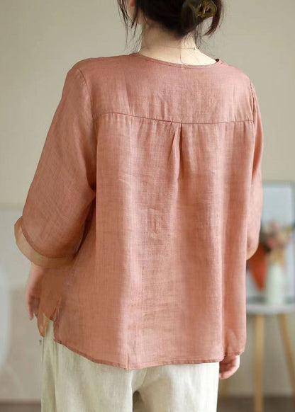Orange V Neck Embroidered Organza Patchwork Linen Tops Summer