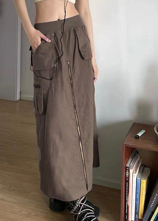 Chocolate Zip Up Pockets Silk a Line Skirt Fall