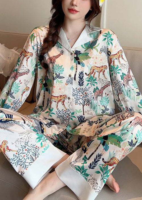 Loose Photo Color Peter Pan Collar Print Ice Silk Pajamastwo Pieces Set Spring