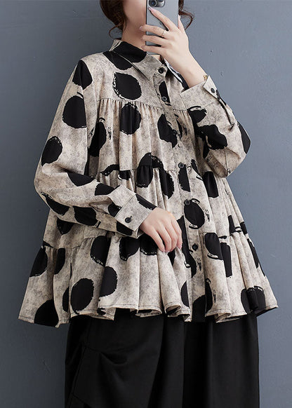 Black Peter Pan Collar Dot Wrinkled Cotton Shirts Fall
