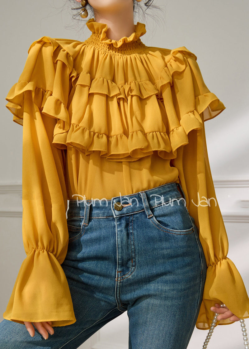 French Yellow Turtleneck Ruffled Top Flare Sleeve