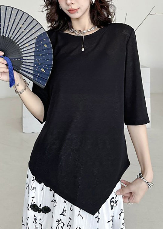 Black O Neck Asymmetrical Cotton T Shirt Summer