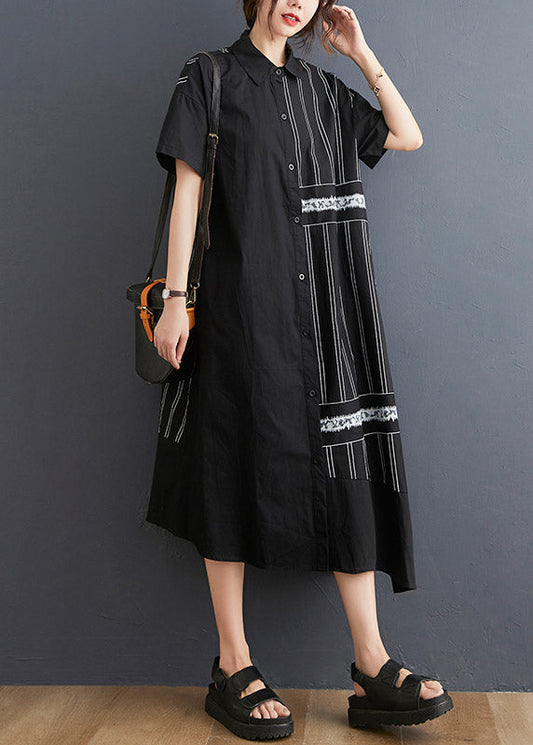 Black Peter Pan Collar Button Asymmetrical Side Open Dress Short Sleeve