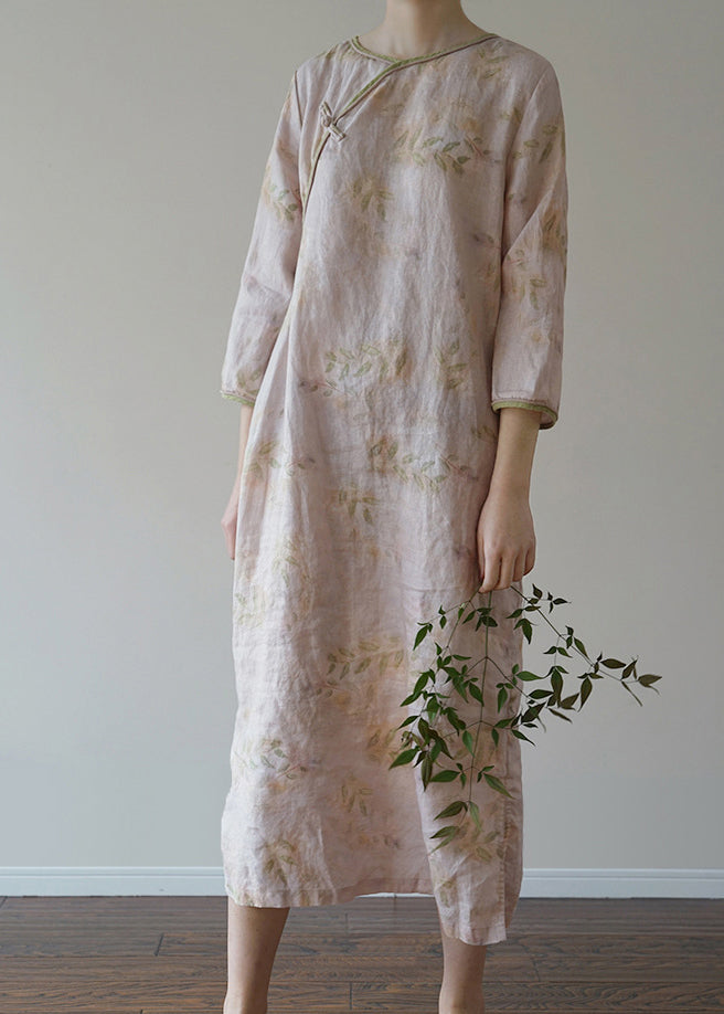 Light Pink O-neck Side Open Print Linen Dresses Three Quarter Sleeve
