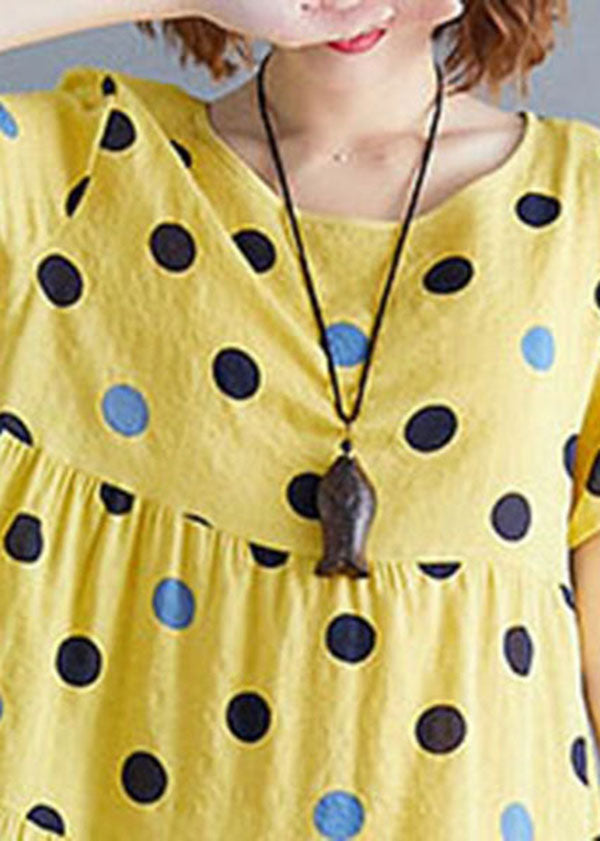 Yellow O-neck Dot Print Cotton Party Dress Short Sleeve