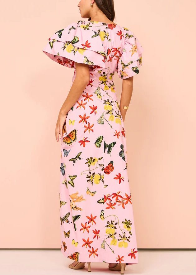 Pink Print Lace Up Side Open Cotton Dresses Butterfly Sleeve