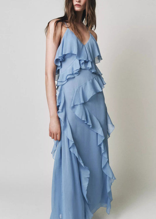 Blue V Neck Ruffled Chiffon Spaghetti Strap Dress Sleeveless