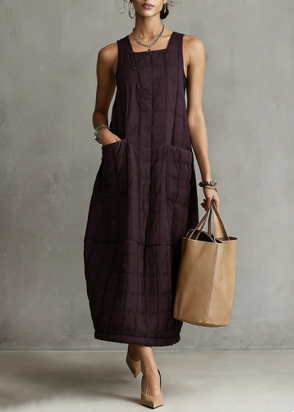 Loose Purple Plaid Pockets Tank Dresses Sleeveless