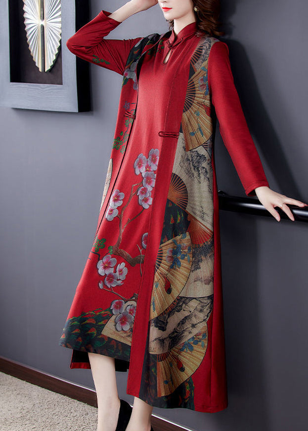 Red Stand Collar Chinese Button Silk Chinese Style Two Pieces Set Spring