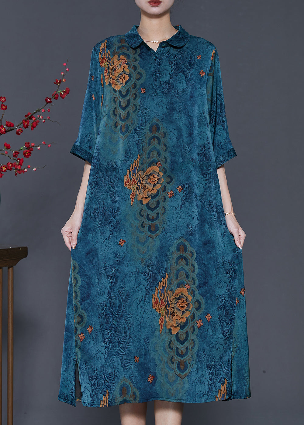 Blue Print Side Open Silk a Line Dress Summer