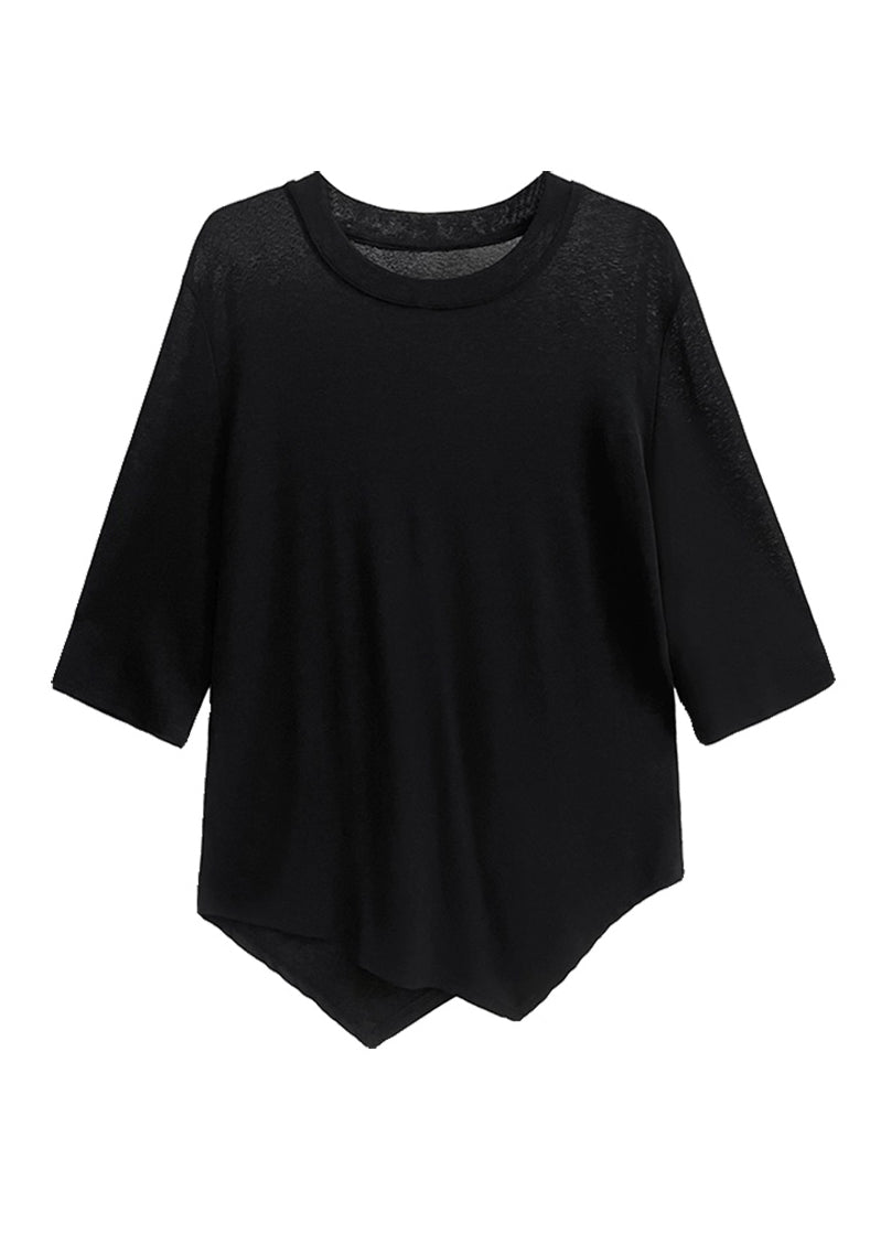 Black O Neck Asymmetrical Cotton T Shirt Summer