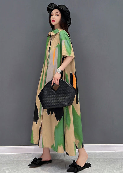 Black Print Tie Dye Cotton Loose Shirt Dress Button Short Sleeve