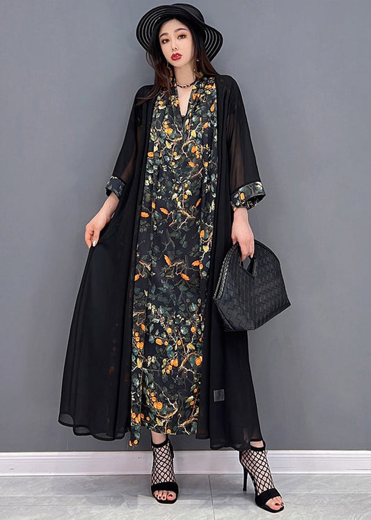 Black V Neck Print Silk Long Dress and Tulle Long Cardigan Two Pieces Set Summer