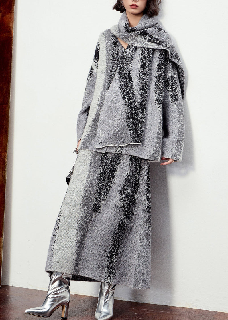 Natural Grey Button Cotton Knit Scarf,cardigans and Maxi Skirtsthree Pieces Set Winter