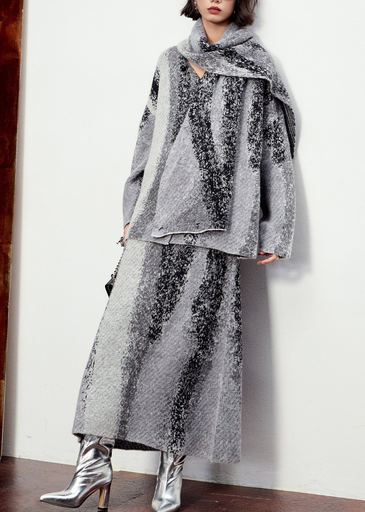 Natural Grey Button Cotton Knit Scarf,cardigans and Maxi Skirtsthree Pieces Set Winter