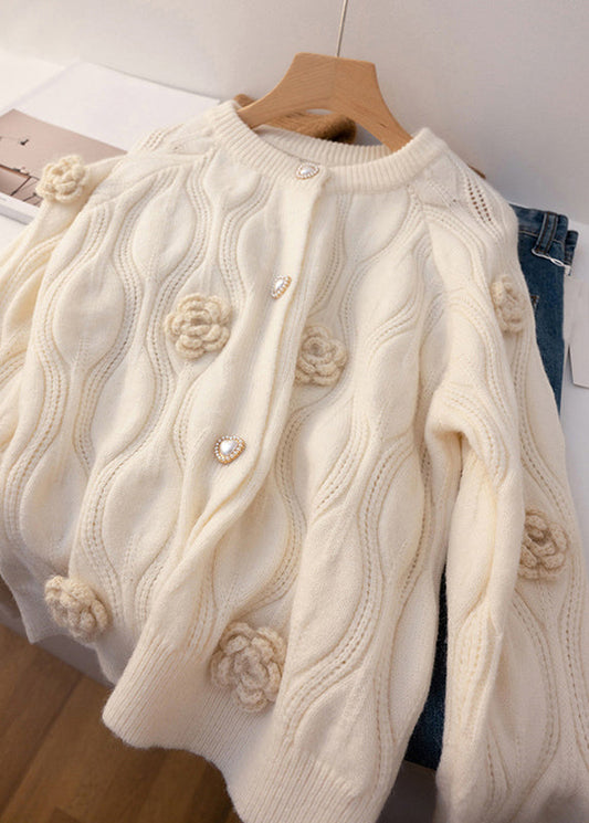 Loose Apricot Button Cotton Knit Coats Long Sleeve