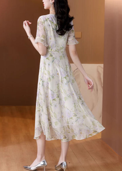 O Neck Print Chiffon Long Dress Summer