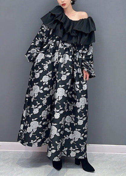 Black Ruffled Print Patchwork Cotton Long Dress Fall