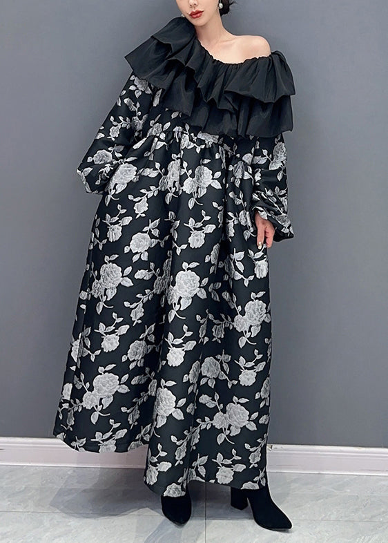Black Ruffled Print Patchwork Cotton Long Dress Fall