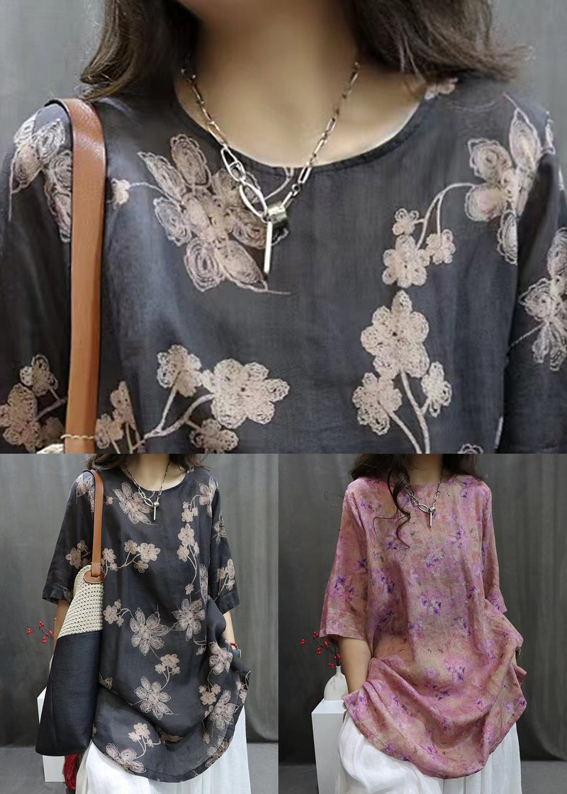 Loose Black O-neck Print Linen Shirts Half Sleeve