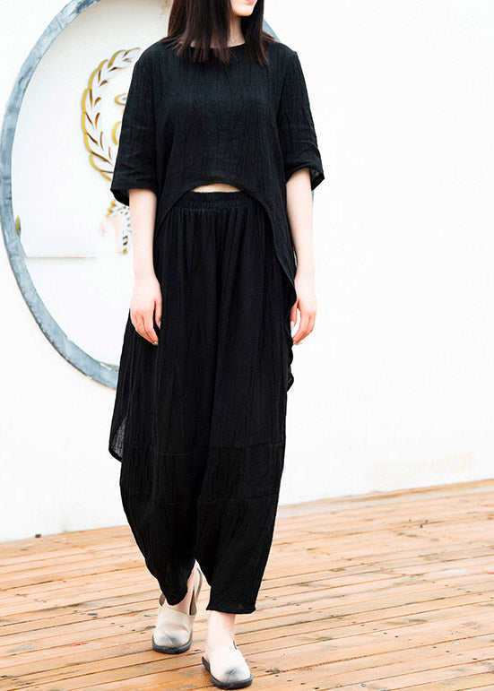 Black Low High Design Linen Tops and Crop Pants Two Pieces Set Summer
