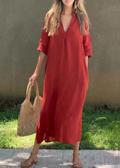 Loose Red V Neck Side Open Linen Holiday Dress Half Sleeve Summer
