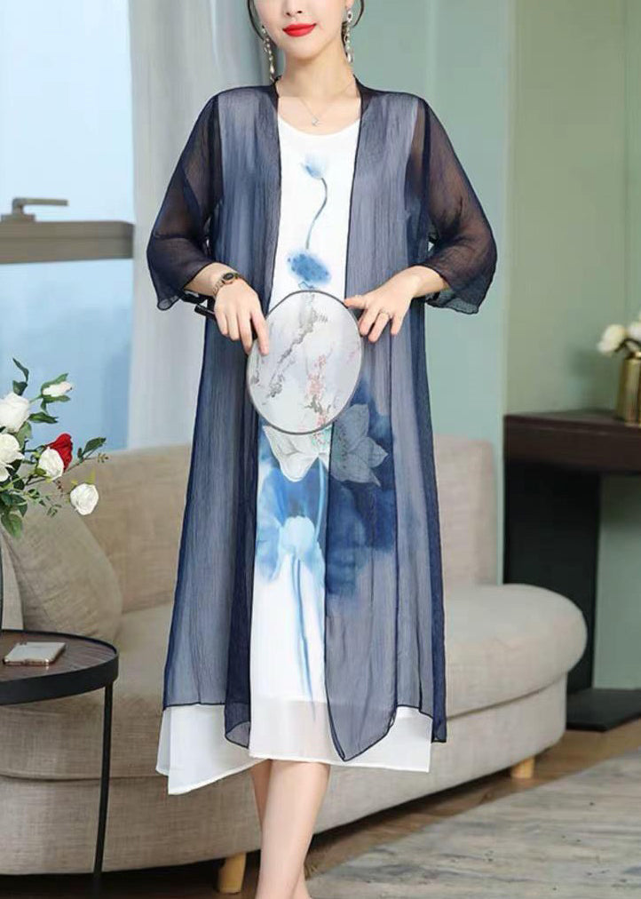Blue Print Silk Cotton Two-piece Set V Neck Bracelet Sleeve
