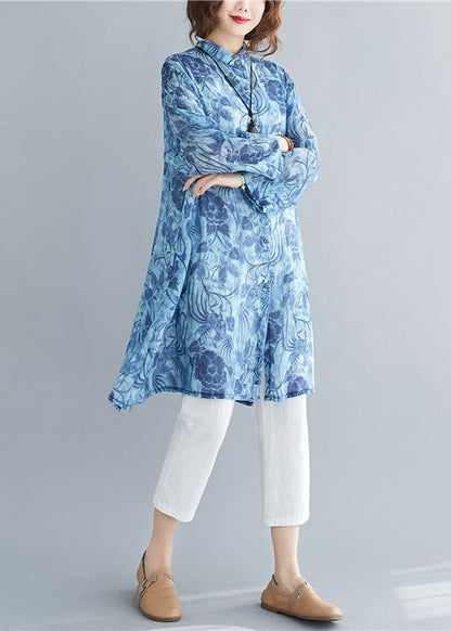 Blue Stand Collar Oversized Print Linen Long Shirt Spring