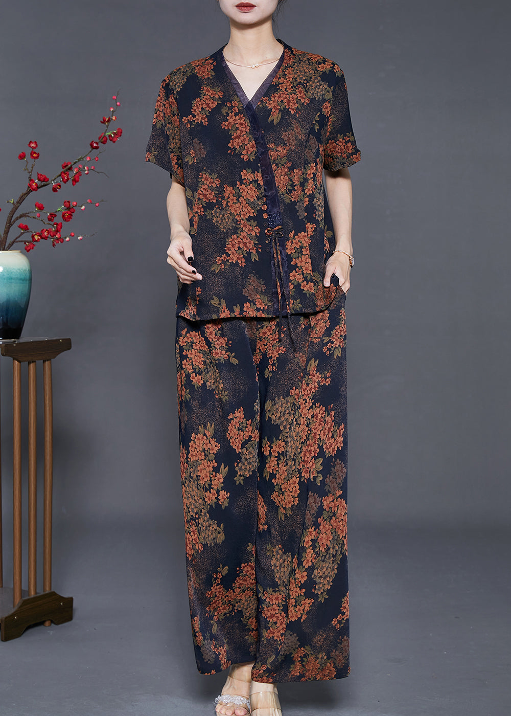 Black Print Silk Two Piece Set Clothing Bow Summer