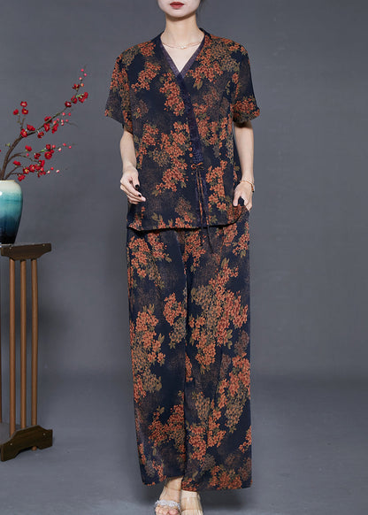 Black Print Silk Two Piece Set Clothing Bow Summer