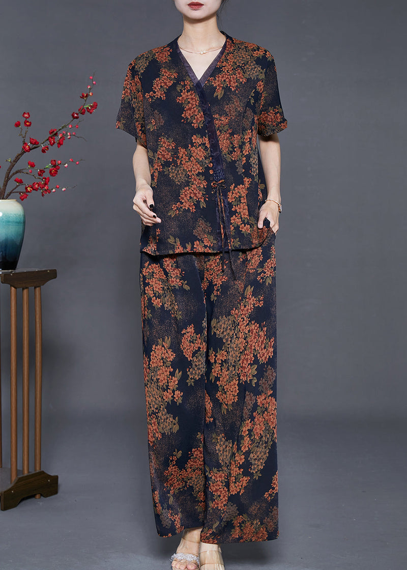 Black Print Silk Two Piece Set Clothing Bow Summer