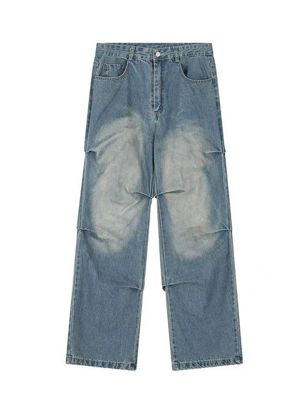 Blue Pockets Wrinkled Denim Wide Leg Pants Spring