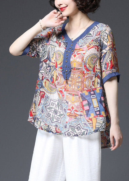 Blue V Neck Print Cotton Shirts Short Sleeve