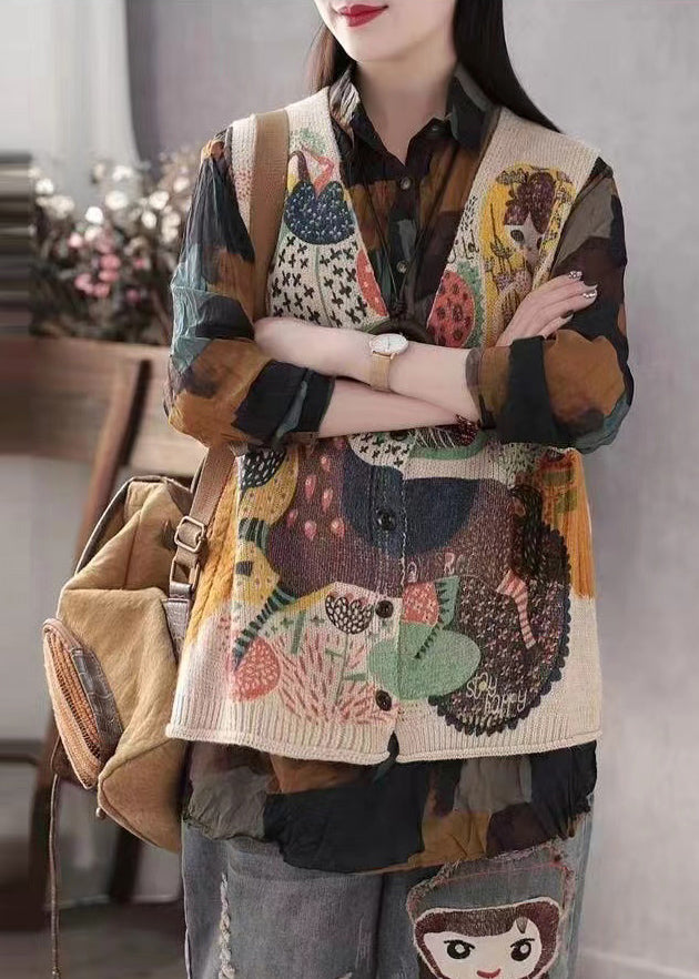 Beige Print Knit Vests Spring